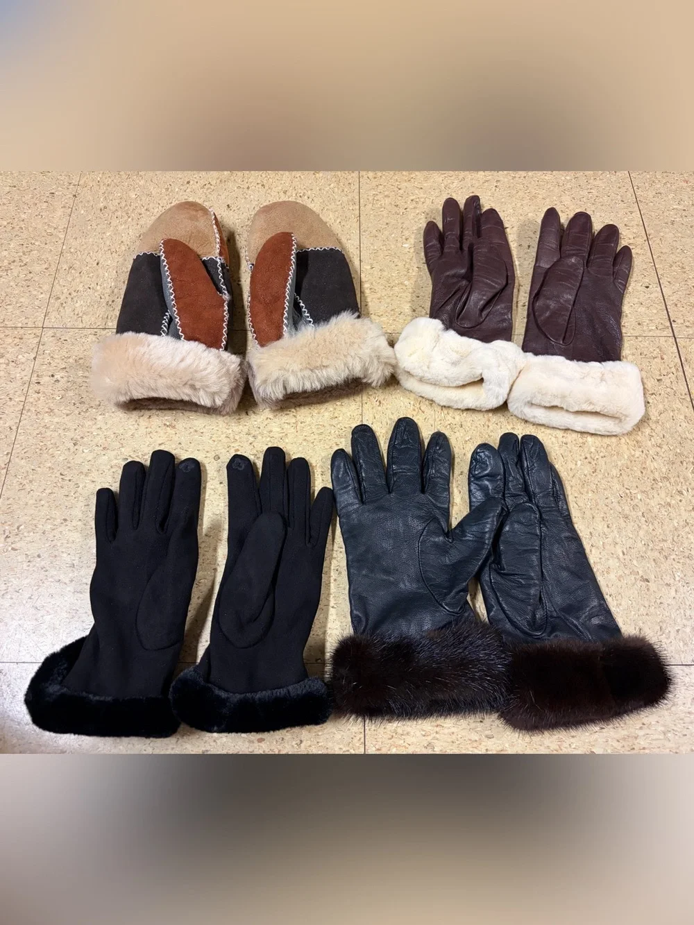 Lot Of 4 Womens Black Brown Cashmere Leather Gloves Faux Fur Cuff Elegant Winter